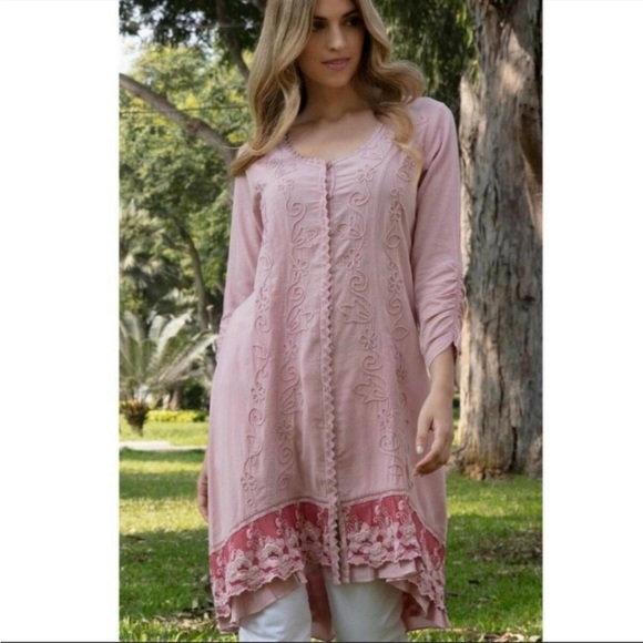 SOFT SURROUNDINGS Genevieve pink lilac asymmetrical hem dress lace crochet MED - Picture 4 of 12